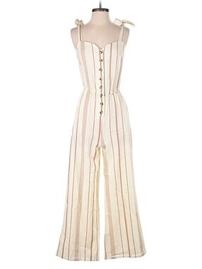 Modcloth Striped Cream and Tan Button-Front Jumpsuit